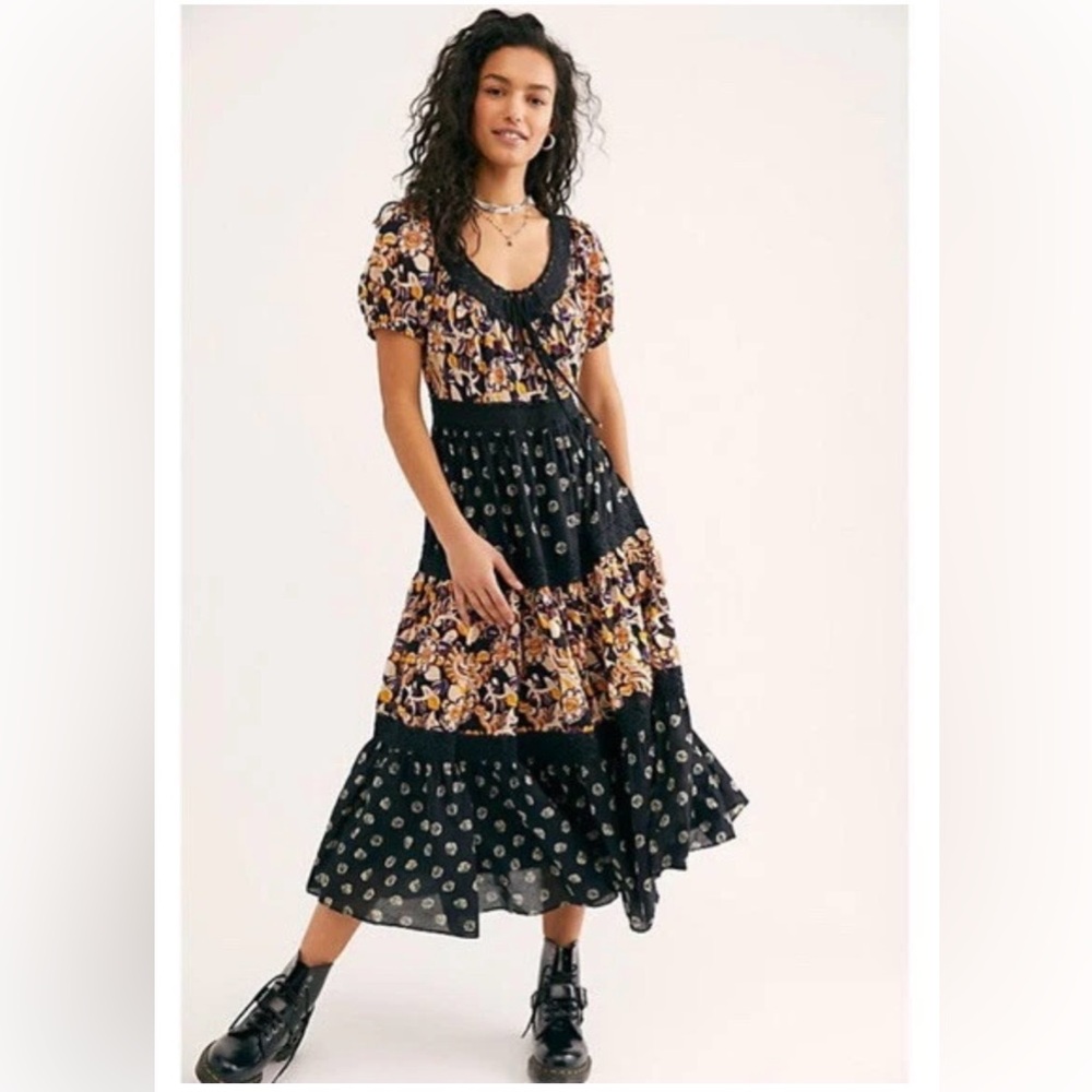 Free People Sun Chaser Midi Dress Boho Patchwork Lace Tiered M